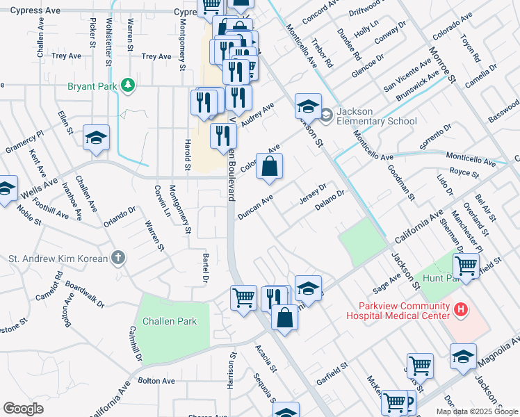 map of restaurants, bars, coffee shops, grocery stores, and more near 4487 Nellie Street in Riverside