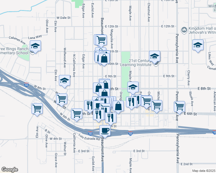 map of restaurants, bars, coffee shops, grocery stores, and more near 454 East 8th Street in Beaumont