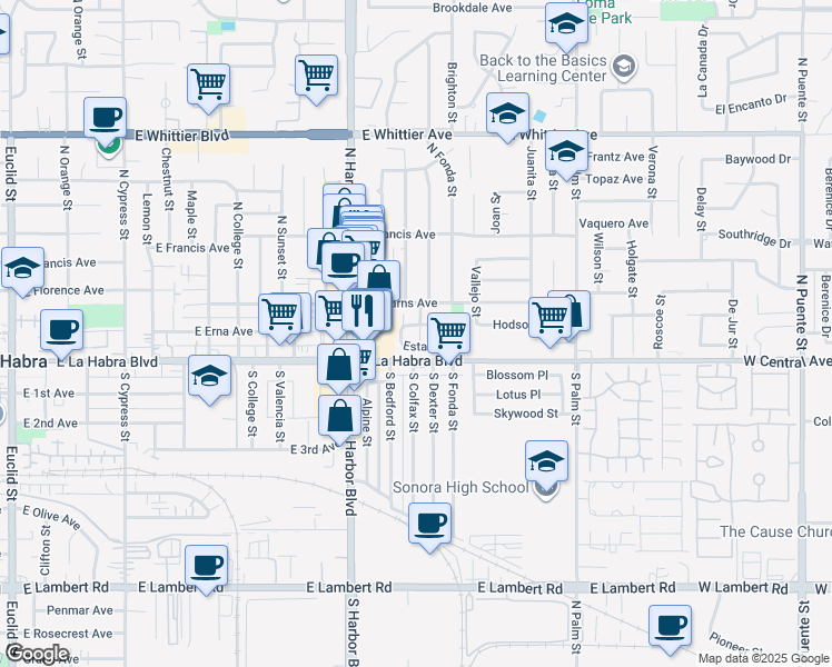 map of restaurants, bars, coffee shops, grocery stores, and more near 1400 Eastpark Drive in La Habra