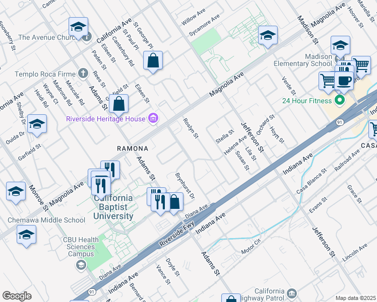 map of restaurants, bars, coffee shops, grocery stores, and more near 3679 Crowell Avenue in Riverside