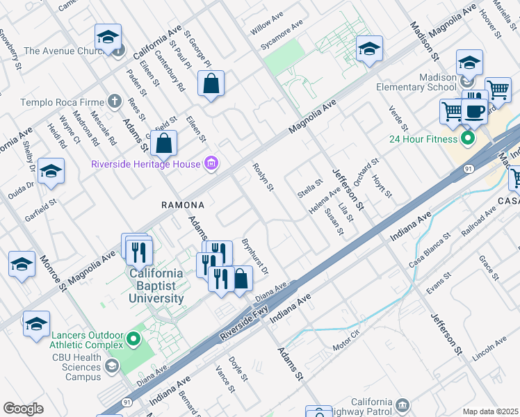 map of restaurants, bars, coffee shops, grocery stores, and more near 3679 Crowell Avenue in Riverside