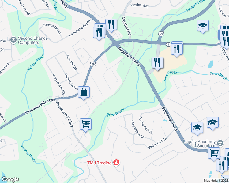 map of restaurants, bars, coffee shops, grocery stores, and more near 1738 Cannonball Court Northwest in Lawrenceville