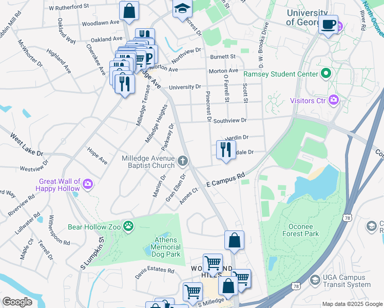 map of restaurants, bars, coffee shops, grocery stores, and more near 1675 South Milledge Avenue in Athens