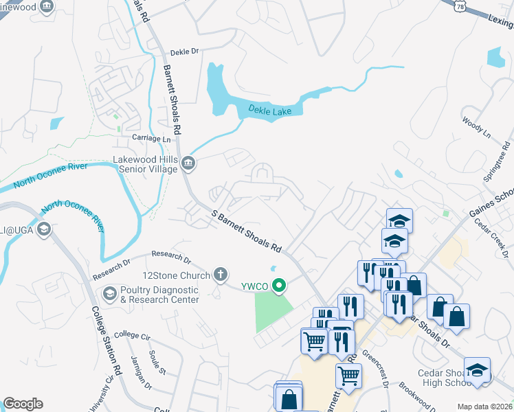 map of restaurants, bars, coffee shops, grocery stores, and more near 1150 Stroud Road in Athens