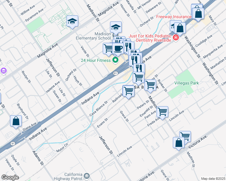 map of restaurants, bars, coffee shops, grocery stores, and more near 3360 Winstrom Street in Riverside