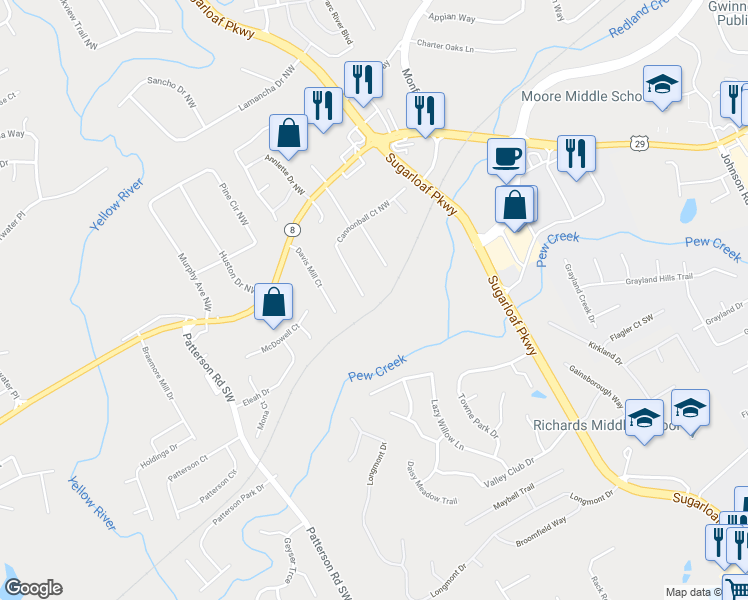 map of restaurants, bars, coffee shops, grocery stores, and more near 1758 Cannonball Court Northwest in Lawrenceville