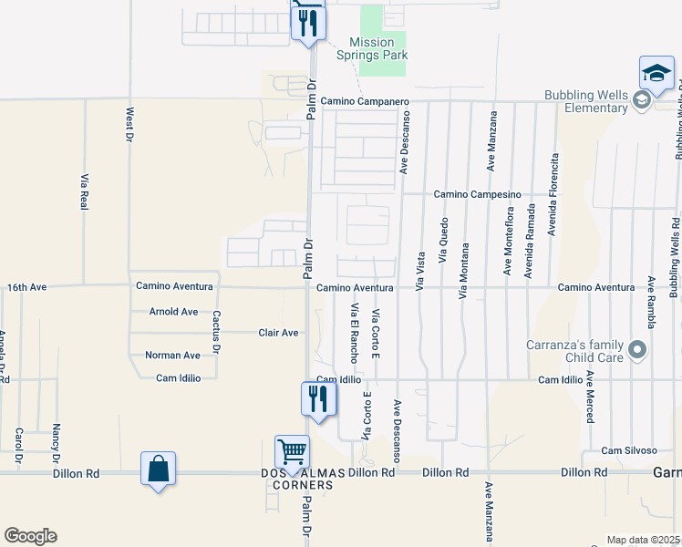 map of restaurants, bars, coffee shops, grocery stores, and more near 66544 Thunderbird Lane in Desert Hot Springs