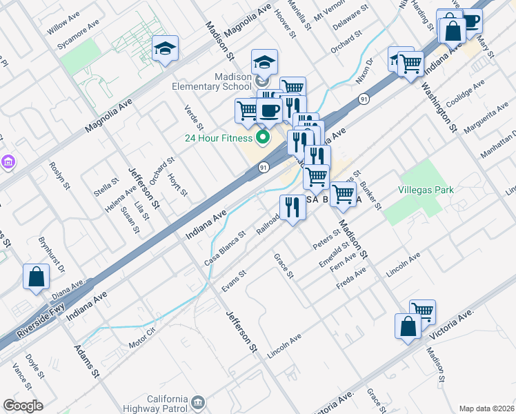 map of restaurants, bars, coffee shops, grocery stores, and more near 3375 Winstrom Street in Riverside