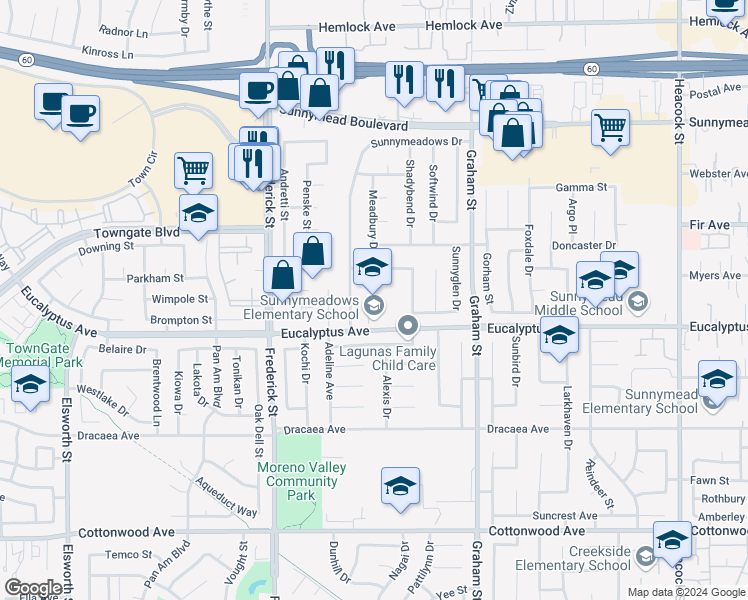 map of restaurants, bars, coffee shops, grocery stores, and more near 23200 Eucalyptus Avenue in Moreno Valley