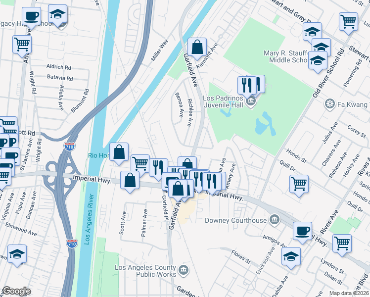 map of restaurants, bars, coffee shops, grocery stores, and more near 5700 Glady Street in South Gate