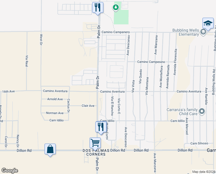 map of restaurants, bars, coffee shops, grocery stores, and more near 66544 Thunderbird Lane in Desert Hot Springs