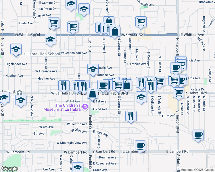 map of restaurants, bars, coffee shops, grocery stores, and more near 306 E Erna Ave in La Habra