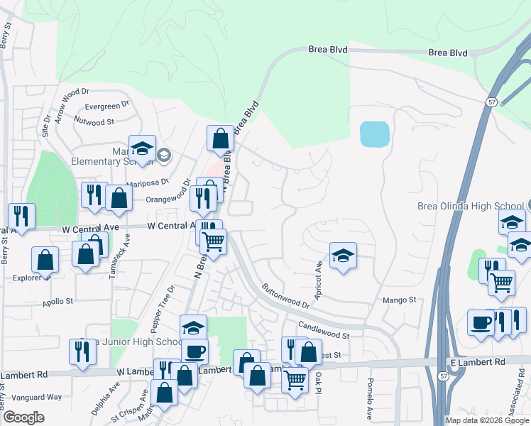 map of restaurants, bars, coffee shops, grocery stores, and more near 401 Sand Canyon Way in Brea