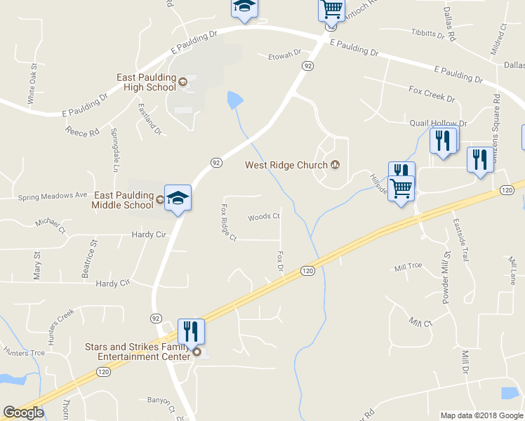 map of restaurants, bars, coffee shops, grocery stores, and more near 58 Woods Court in Dallas