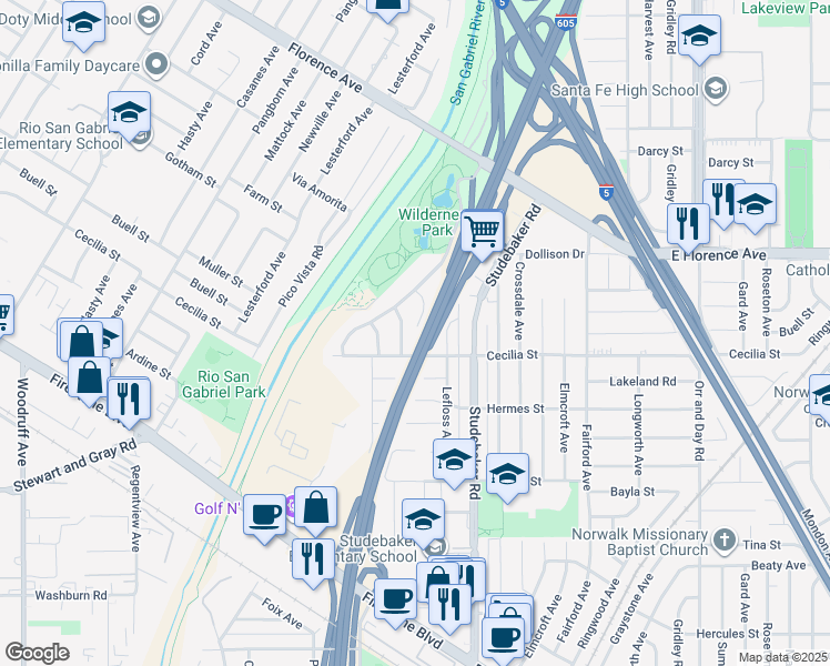 map of restaurants, bars, coffee shops, grocery stores, and more near 11021 Halcourt Avenue in Downey