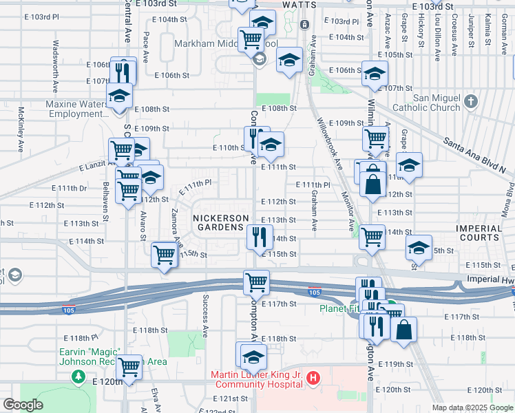 map of restaurants, bars, coffee shops, grocery stores, and more near 11200 Compton Avenue in Los Angeles