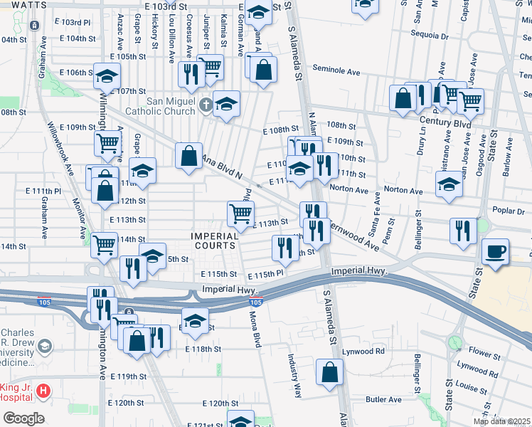 map of restaurants, bars, coffee shops, grocery stores, and more near 2432 East 112th Place in Los Angeles