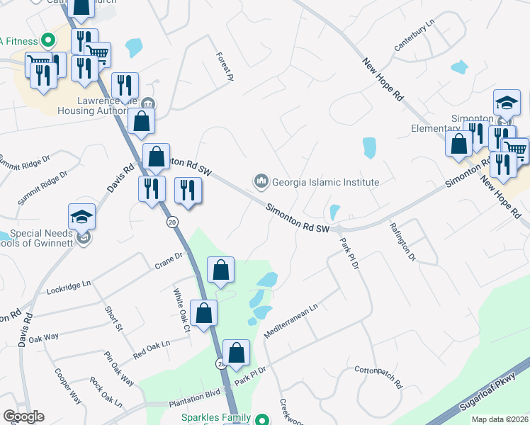 map of restaurants, bars, coffee shops, grocery stores, and more near 201 3 Oaks Drive in Lawrenceville