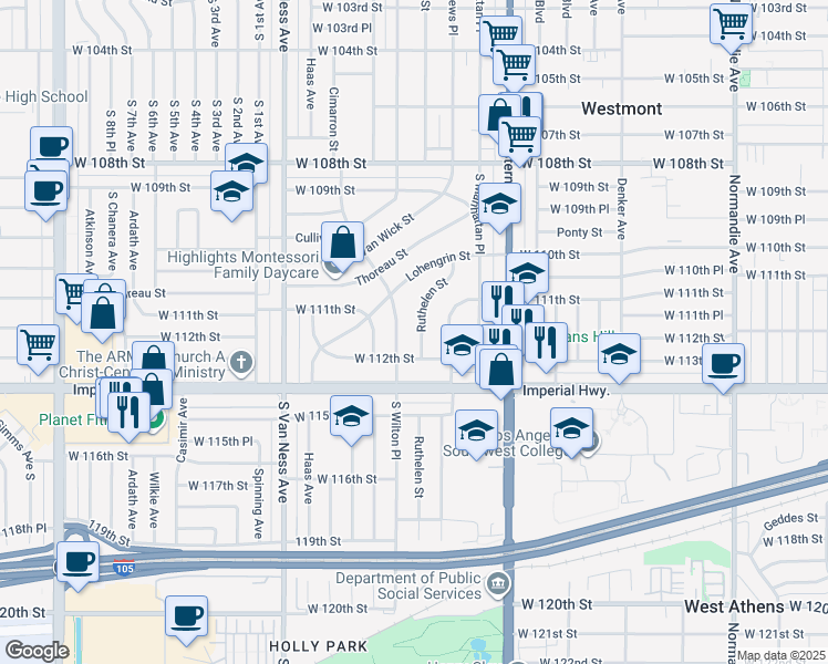 map of restaurants, bars, coffee shops, grocery stores, and more near 11143 Ruthelen Street in Los Angeles