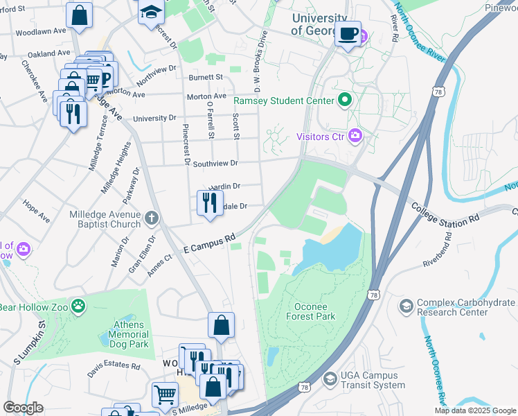 map of restaurants, bars, coffee shops, grocery stores, and more near 186 Riverdale Drive in Athens