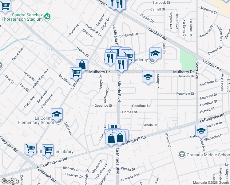 map of restaurants, bars, coffee shops, grocery stores, and more near 14966 Lashburn Street in Whittier