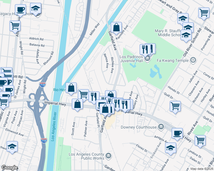 map of restaurants, bars, coffee shops, grocery stores, and more near 10555 Karmont Avenue in South Gate