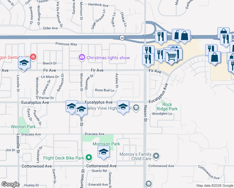 map of restaurants, bars, coffee shops, grocery stores, and more near 12956 Azalea Street in Moreno Valley