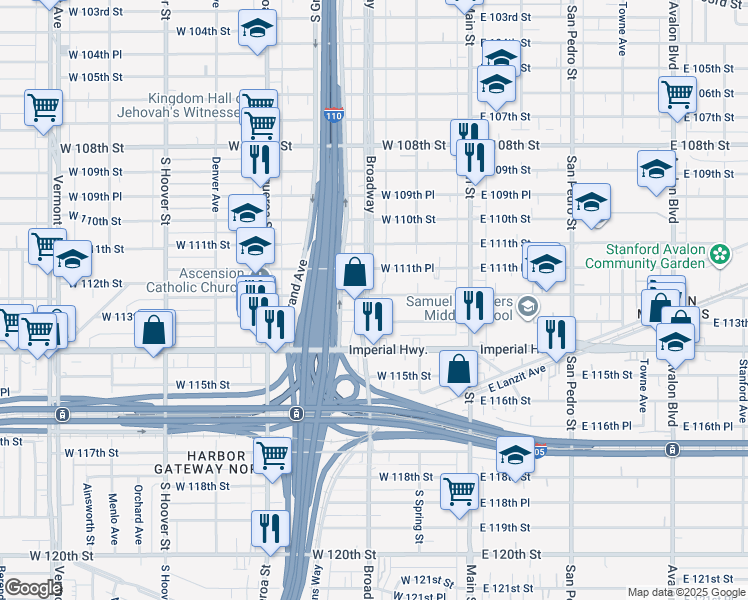 map of restaurants, bars, coffee shops, grocery stores, and more near 252 West 112th Street in Los Angeles