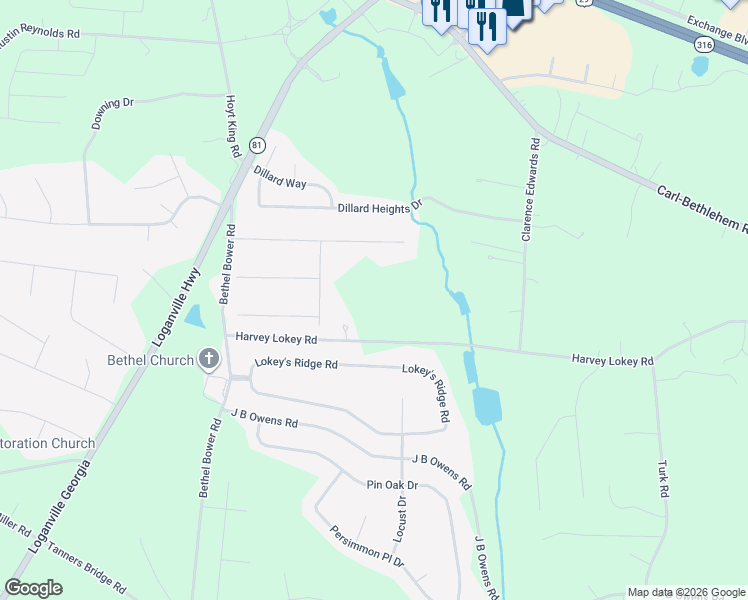 map of restaurants, bars, coffee shops, grocery stores, and more near 535 Harvey Lokey Road in Bethlehem