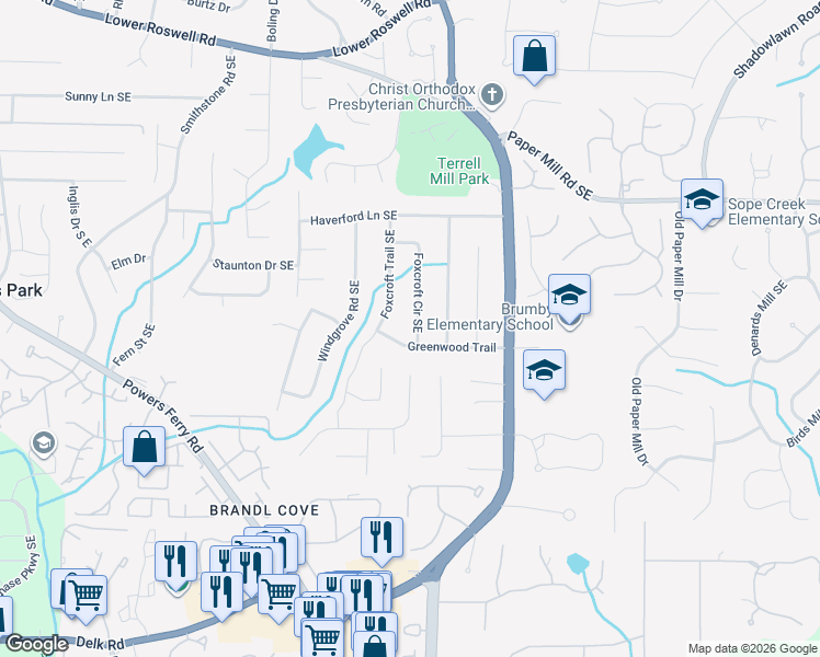 map of restaurants, bars, coffee shops, grocery stores, and more near 730 Foxcroft Circle Southeast in Marietta