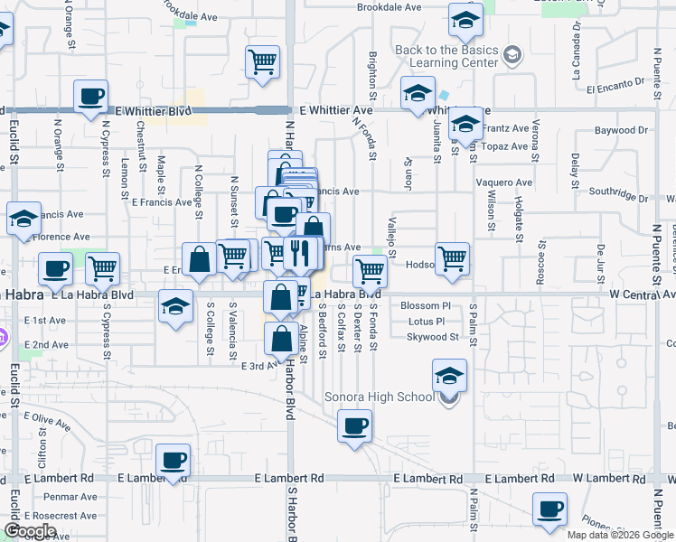 map of restaurants, bars, coffee shops, grocery stores, and more near 181 Greentree Lane in La Habra