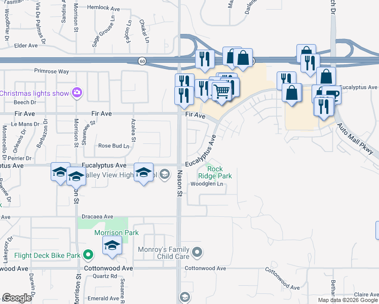 map of restaurants, bars, coffee shops, grocery stores, and more near 12944 Dolomite Lane in Moreno Valley