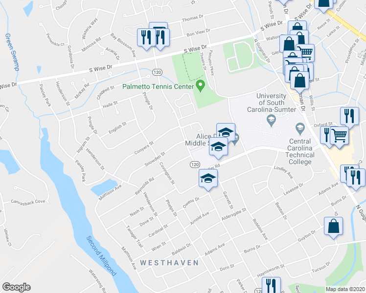 map of restaurants, bars, coffee shops, grocery stores, and more near 2 Snowden Street in Sumter