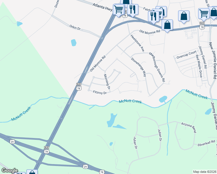 map of restaurants, bars, coffee shops, grocery stores, and more near 632 Holly Springs Court in Bogart