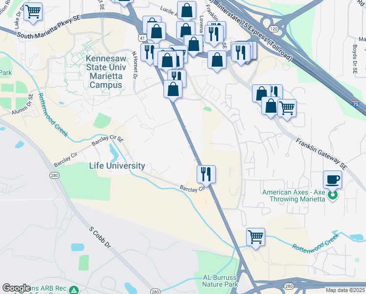 map of restaurants, bars, coffee shops, grocery stores, and more near 810 Cobb Parkway South in Marietta