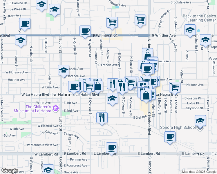 map of restaurants, bars, coffee shops, grocery stores, and more near 570 East Erna Avenue in La Habra