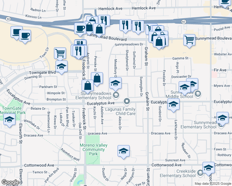 map of restaurants, bars, coffee shops, grocery stores, and more near 23200 Eucalyptus Avenue in Moreno Valley