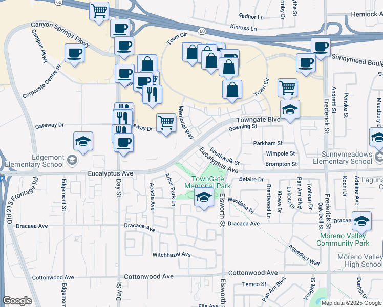 map of restaurants, bars, coffee shops, grocery stores, and more near in Moreno Valley
