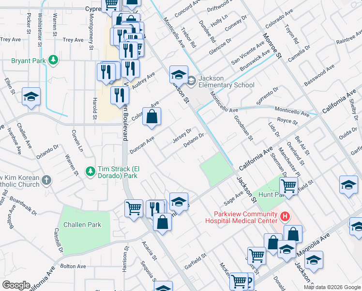 map of restaurants, bars, coffee shops, grocery stores, and more near 9207 Delano Drive in Riverside