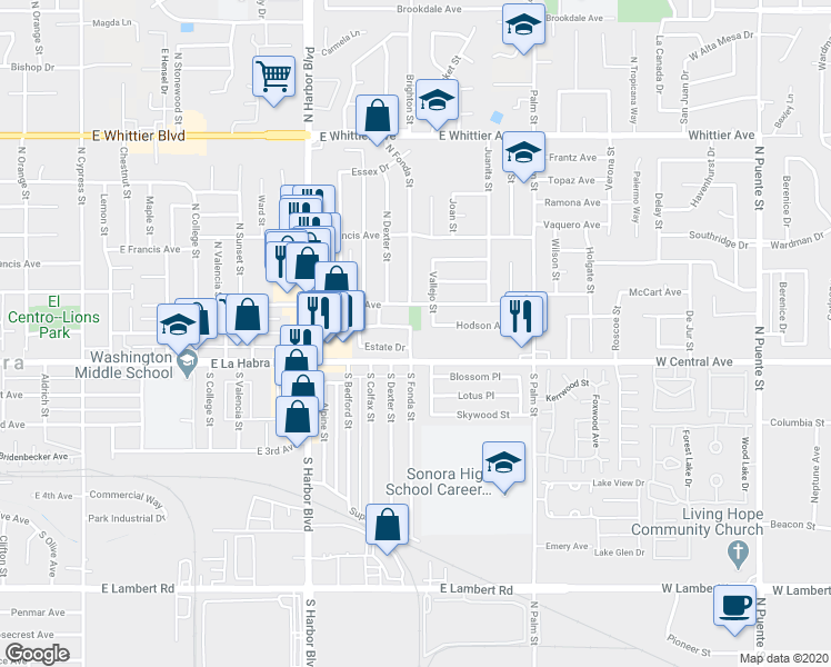 map of restaurants, bars, coffee shops, grocery stores, and more near 211 Vallejo Street in La Habra