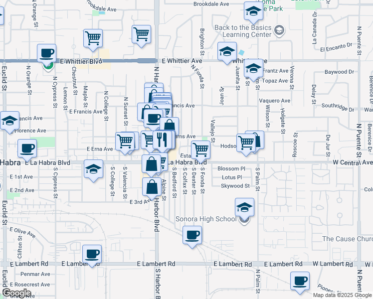 map of restaurants, bars, coffee shops, grocery stores, and more near 1440 Eastpark Drive in La Habra