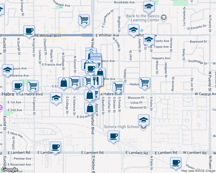 map of restaurants, bars, coffee shops, grocery stores, and more near 181 Greentree Lane in La Habra