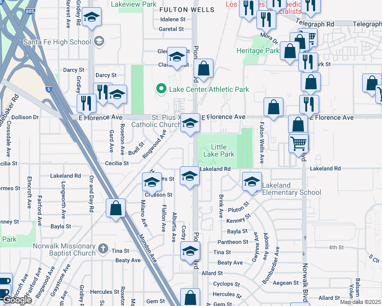map of restaurants, bars, coffee shops, grocery stores, and more near 10900 Pioneer Boulevard in Santa Fe Springs