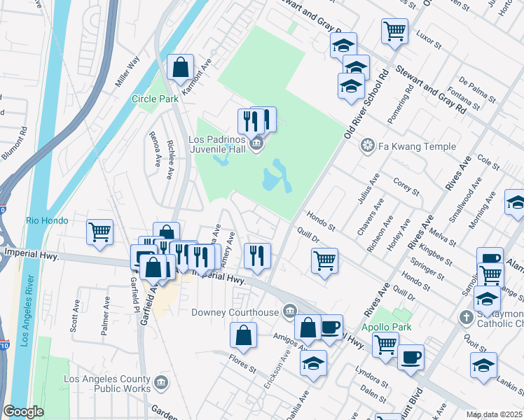 map of restaurants, bars, coffee shops, grocery stores, and more near 7308 Quill Drive in Downey