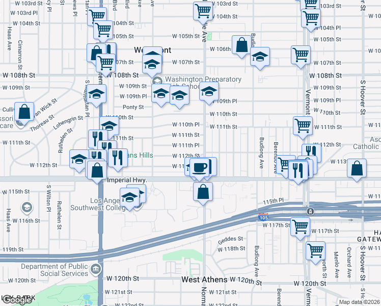 map of restaurants, bars, coffee shops, grocery stores, and more near 1442 West 111th Place in Los Angeles