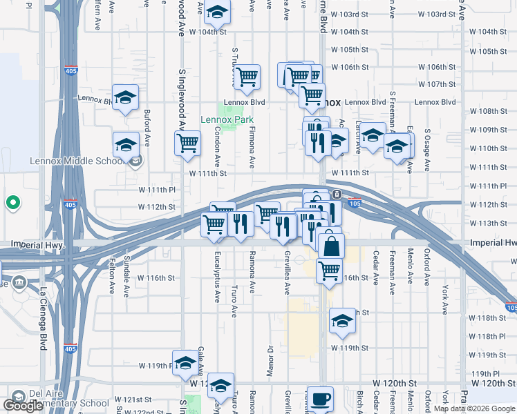 map of restaurants, bars, coffee shops, grocery stores, and more near 11161 Mansel Avenue in Inglewood