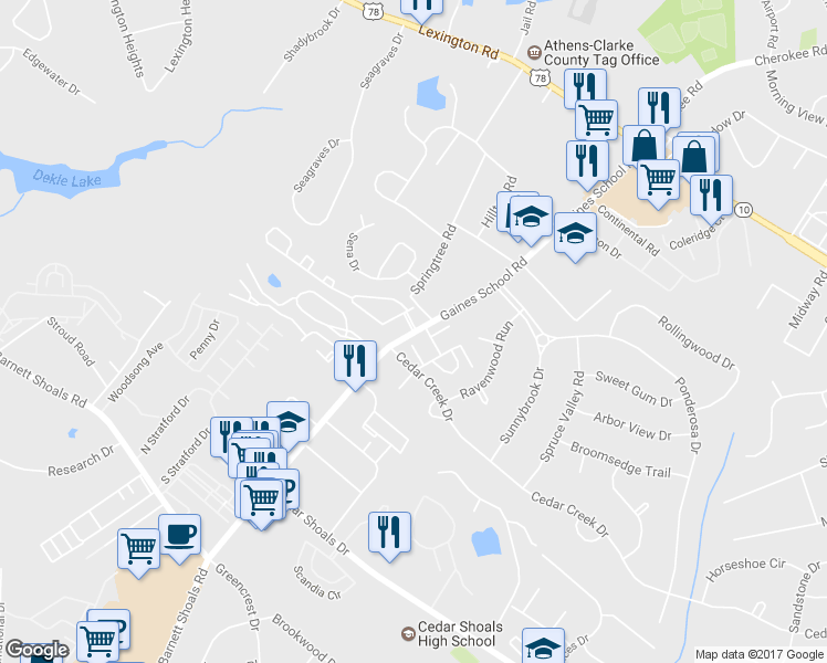 map of restaurants, bars, coffee shops, grocery stores, and more near 240 Cedar Pointe Drive in Athens