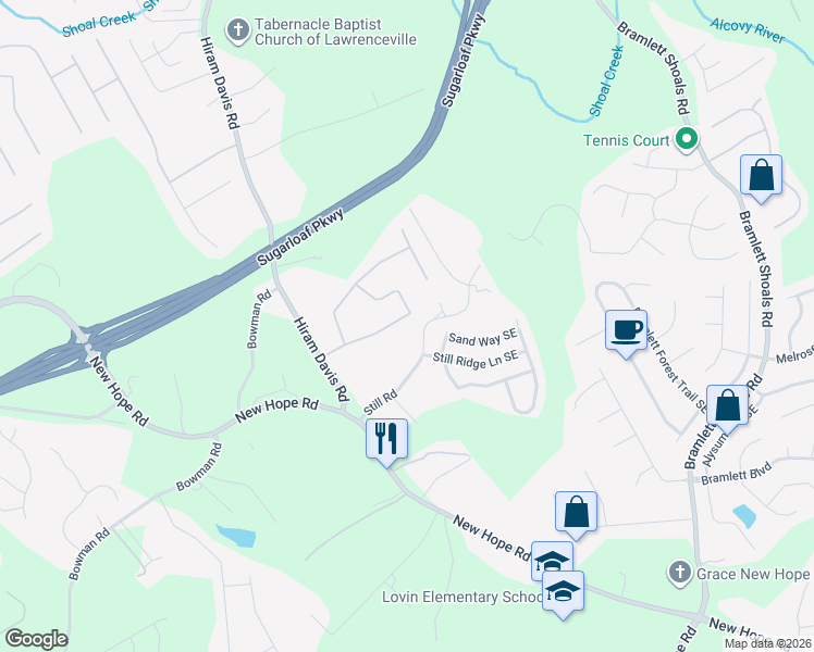 map of restaurants, bars, coffee shops, grocery stores, and more near 911 Cruiser Run in Lawrenceville