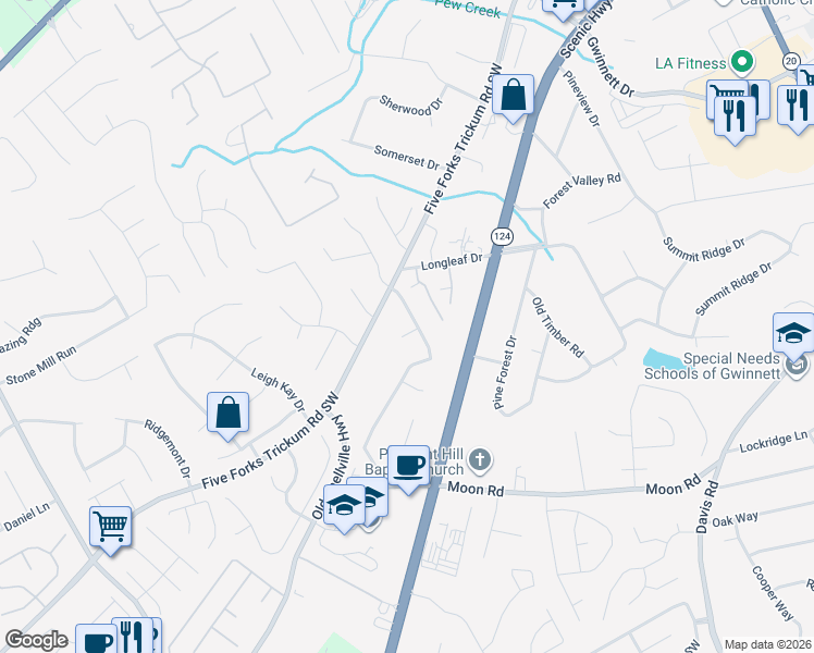 map of restaurants, bars, coffee shops, grocery stores, and more near 805 Five Forks Trickum Road Southwest in Lawrenceville