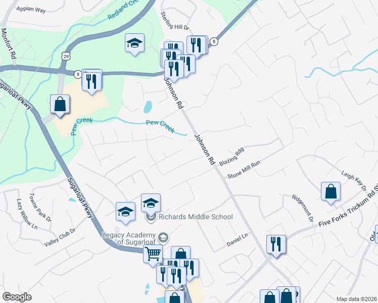 map of restaurants, bars, coffee shops, grocery stores, and more near 1192 Grayland Drive in Lawrenceville
